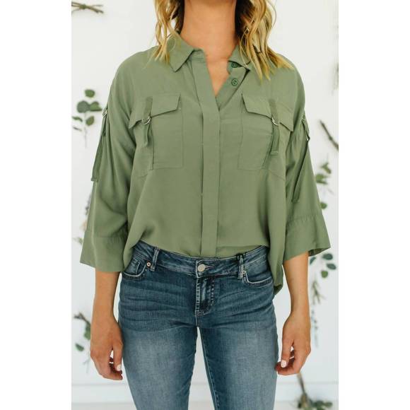 NEW DEAR JOHN DENIM charity 3/4 sleeve lace front blouse in olive - Picture 1 of 2